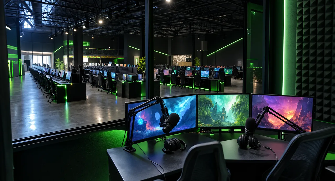 Cabine de comentadores com microfones e ecrãs, virada para a arena