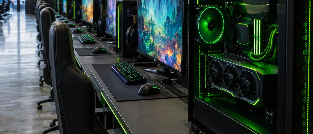 Posto da arena com monitor, teclado e torre de vidro com luz verde
